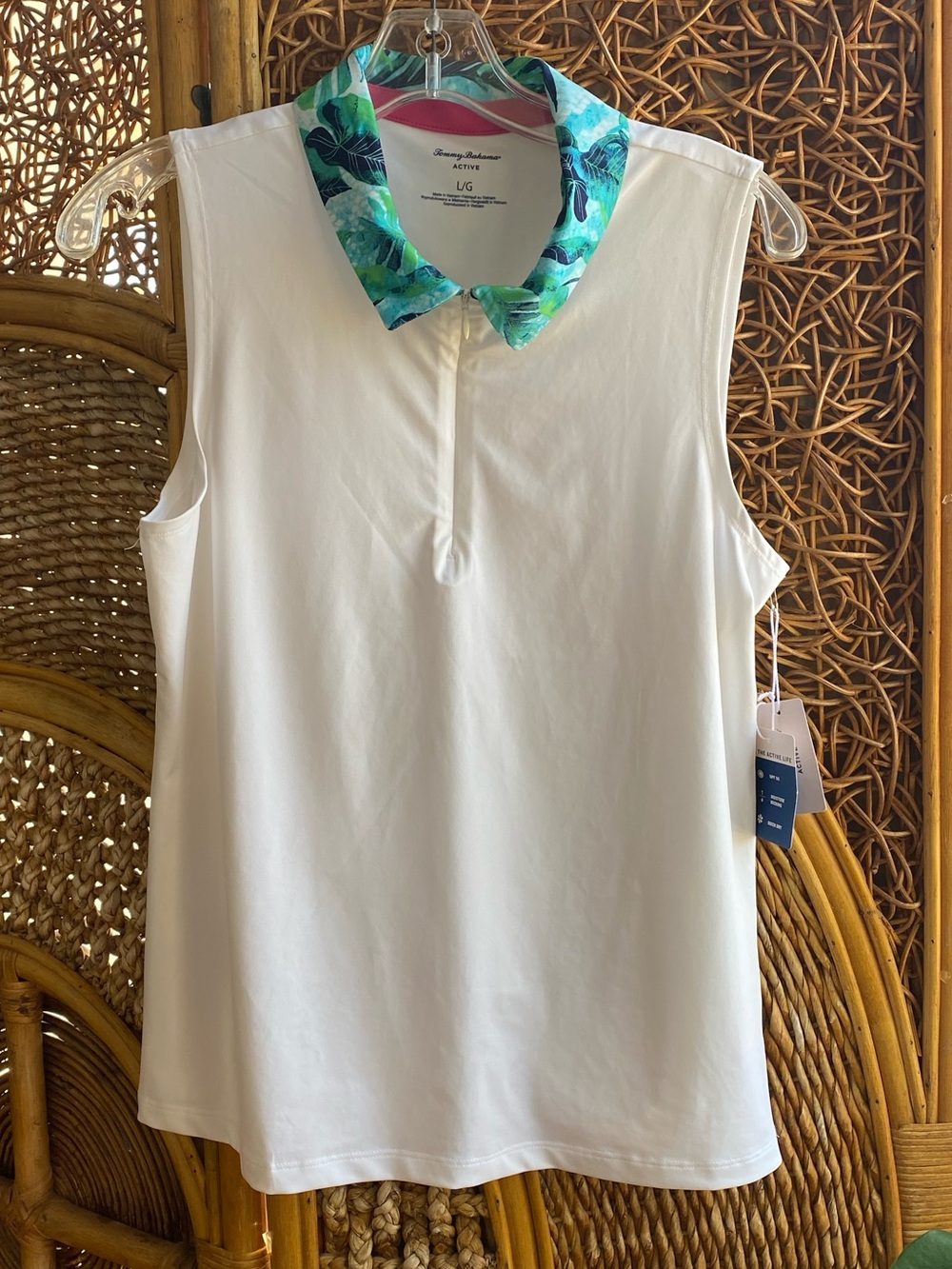 NWT Tommy Bahama White Sleeveless Polo Top with Green Floral Gulf Collar